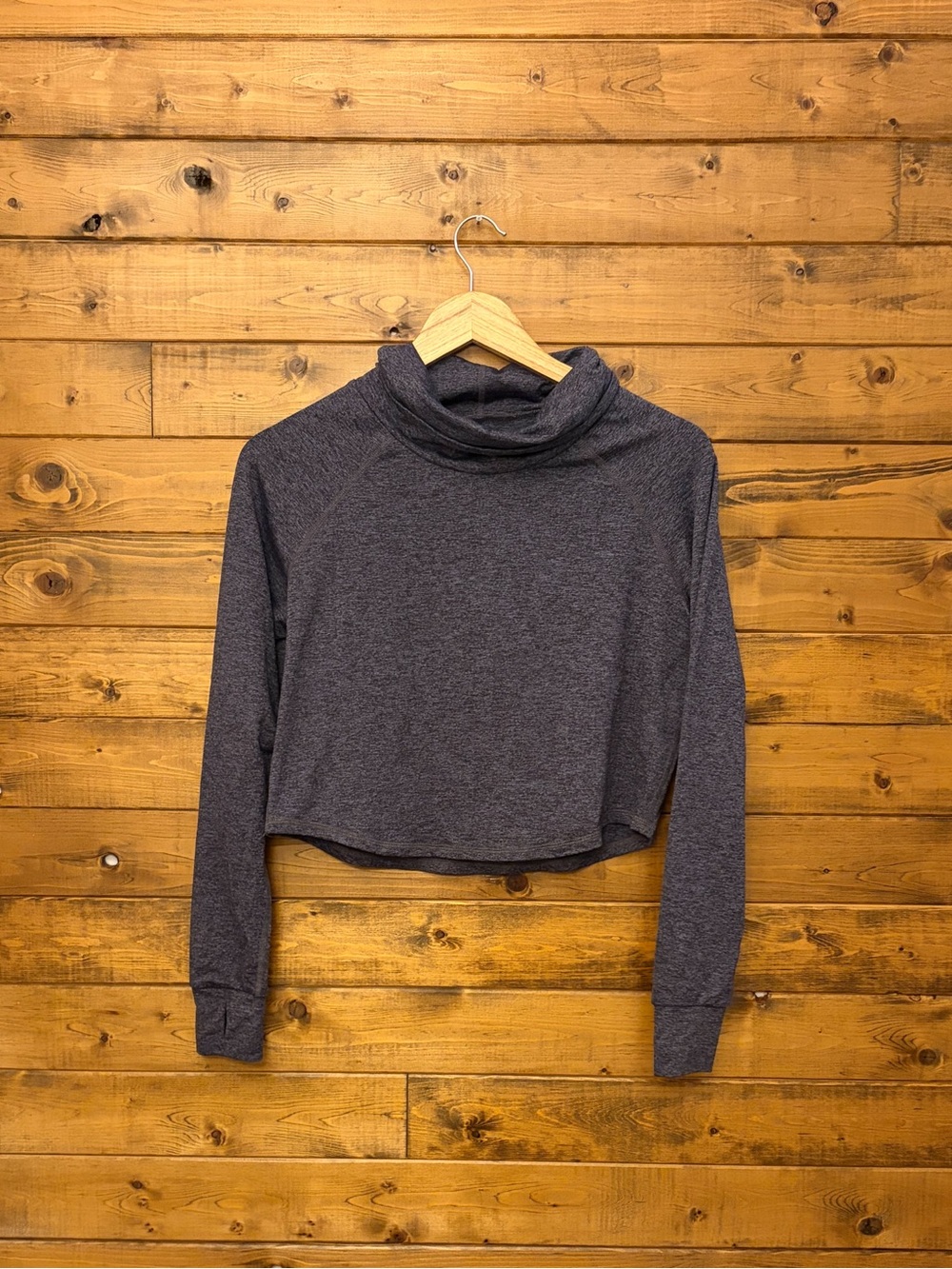 Women's Dark Blue Long-Sleeve Cropped Funnel Neck Top
